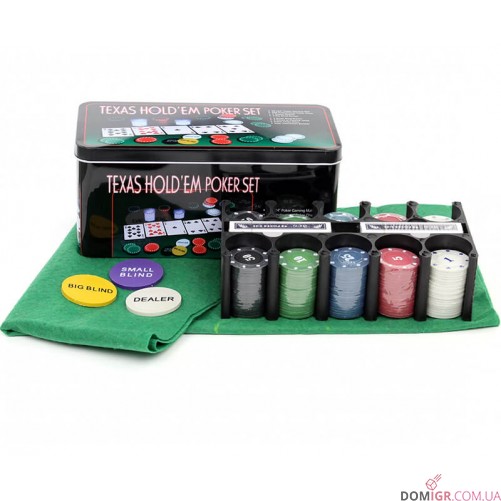 Покерний набір на 200 фішок - жерстяна коробка (фішки з номіналом)