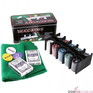 Покерний набір на 200 фішок - жерстяна коробка (фішки з номіналом)