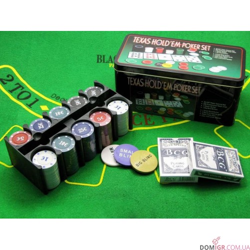 Покерний набір на 200 фішок - жерстяна коробка (фішки з номіналом)